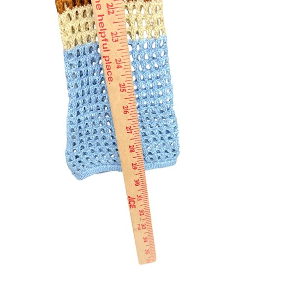 Urban Outfitters Chloe Crop Open-Knit Sweater Top Bell Sleeves M Blue Yellow - Picture 5 of 9